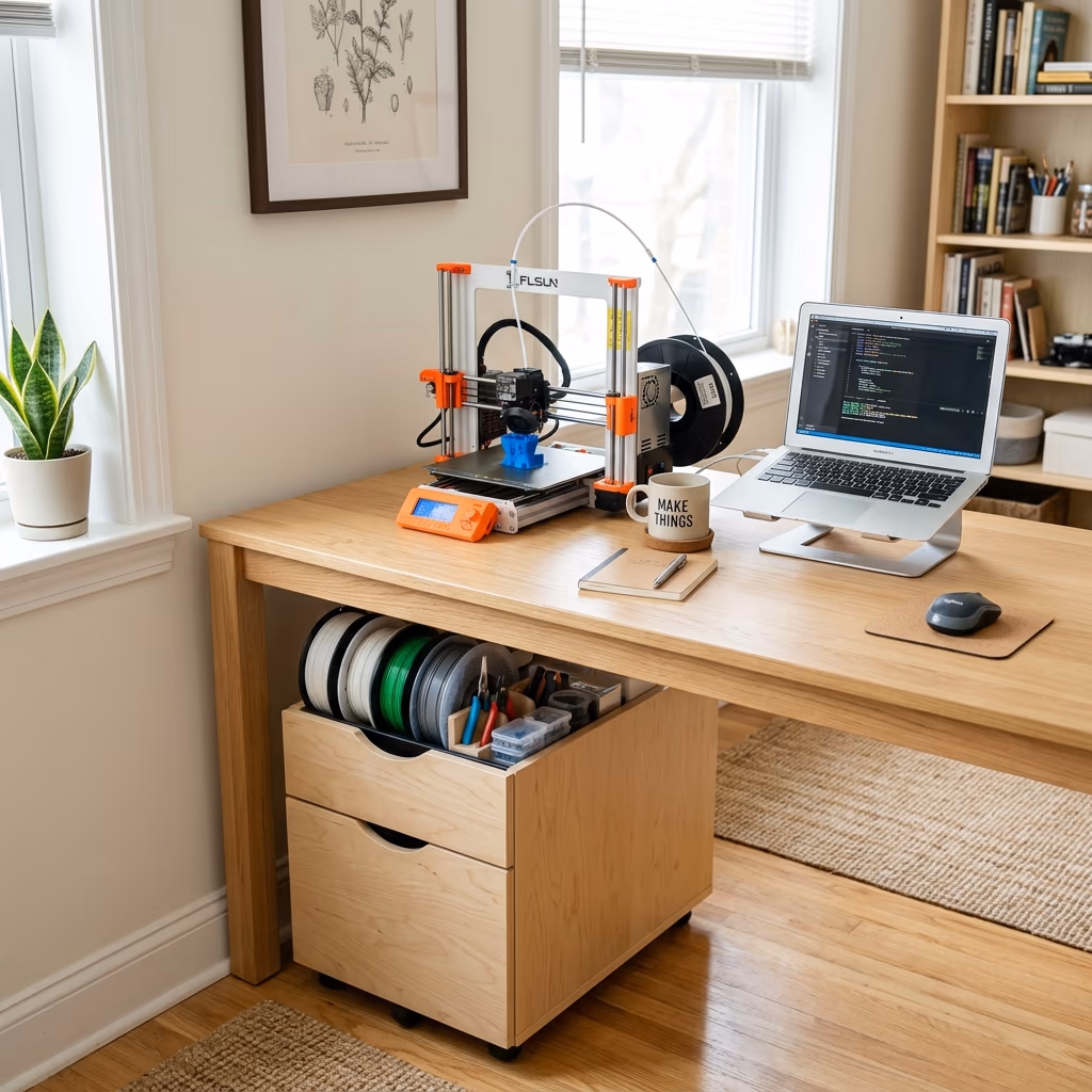 Minimalist wooden desk workspace corner showcasing a mini 3D printer