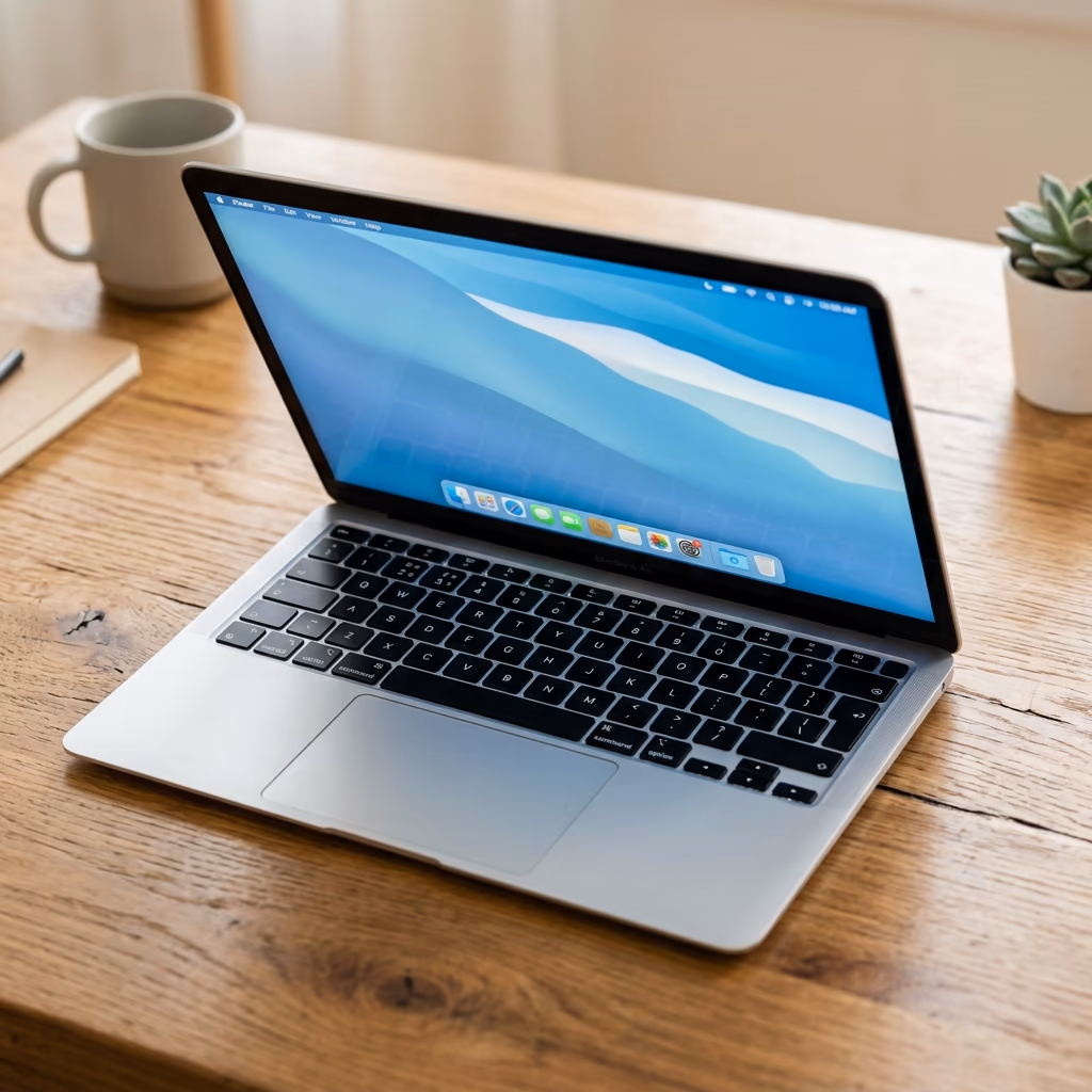Silver MacBook Air M1 open on a clean wooden desk setup