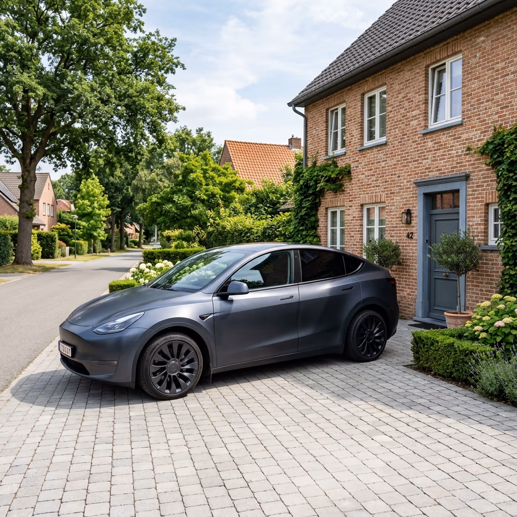 Sleek dark stealth grey Tesla Model Y Juniper parked in driveway